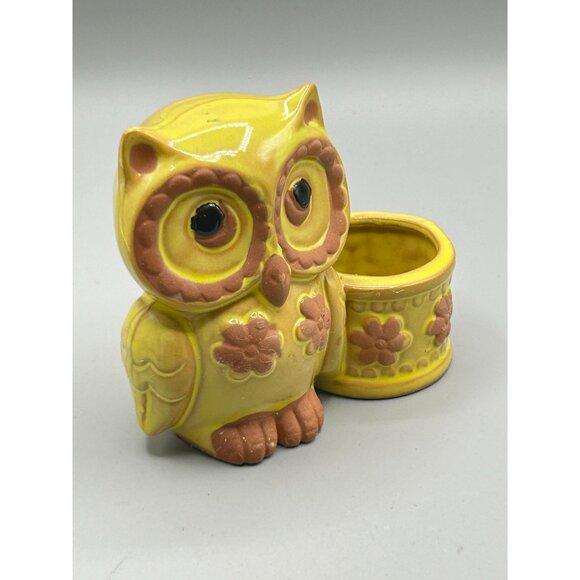 Vintage Small Owl Planter Yellow Glaze Red Clay Pottery Bird Kitsch Home Decor - Picture 3 of 9